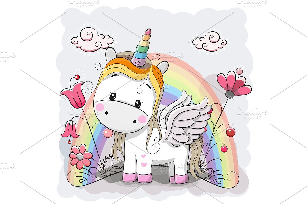 Cute Cartoon Unicorn on the meadow in Illustrations - product preview 8