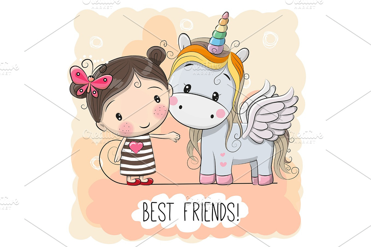 Cute Cartoon Girl and Unicorn in Illustrations - product preview 8