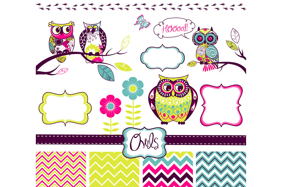 Owls clip art and elements set
