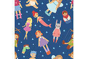 Different dolls like people fashion clothes character seamless pattern background vector illustration