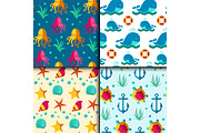 Seamless vector patterns with nautical elements wave marine collection paper sea background