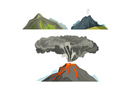 Volcano magma nature blowing up with smoke volcanic eruption lava mountain vector illustration