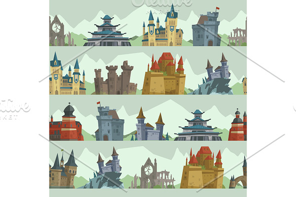 Cartoon fairy tale castle key-stone palace tower architecture building seamless pattern background vector