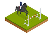 Jumping horse and rider practicing at racetrack. Isometric vector illustration Champion. Horse-racing. Hippodrome. Racetrack. Jump racetrack.