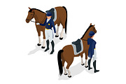 Jockey on the horse. Champion. Horse racing. Hippodrome. Racetrack. Jump racetrack. Isometric vector illustration