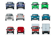 Vector set cars front and rear view. Sedan, off-road, compact, cargo truck, blank delivery minivan vehicles. Template vector isolated on white.