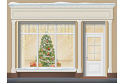 Storefront with  showcase decorated for Christmas