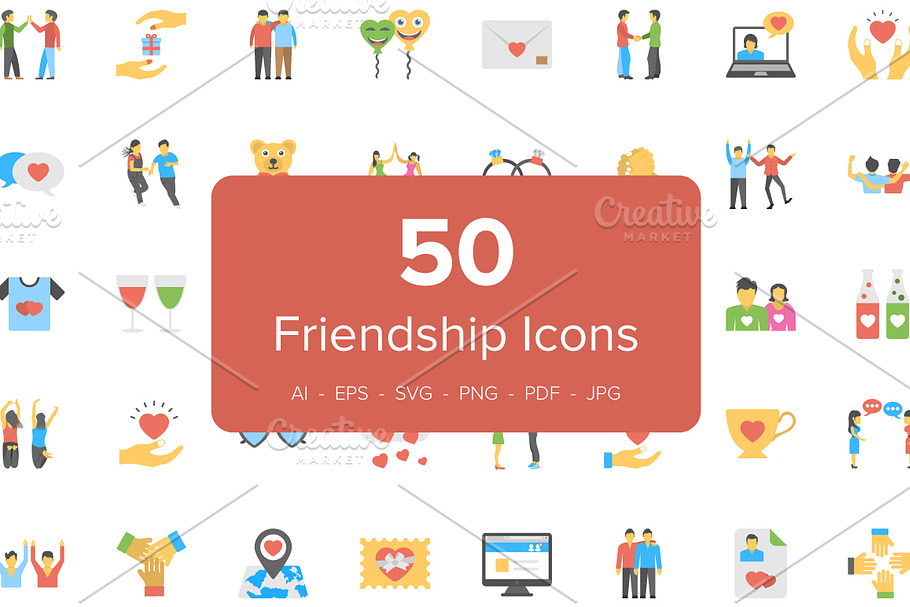 50 Flat Friendship Icons in Graphics - product preview 8