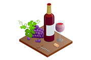 Bottle of red wine, bunches of wine grapes and glass of red wine. Vineyard grape icon isolated on white background, vector illustration