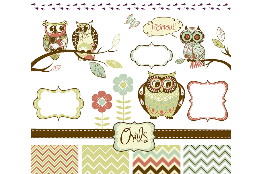 Owls clip art and elements set