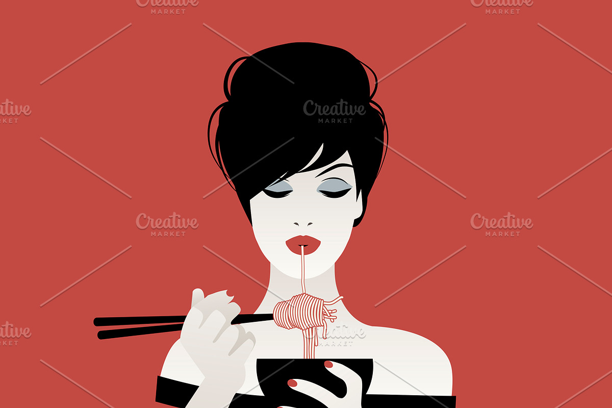Beautiful girl eating spaguetti II in Illustrations - product preview 8