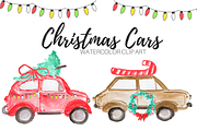Watercolor Christmas Cars Clip Art