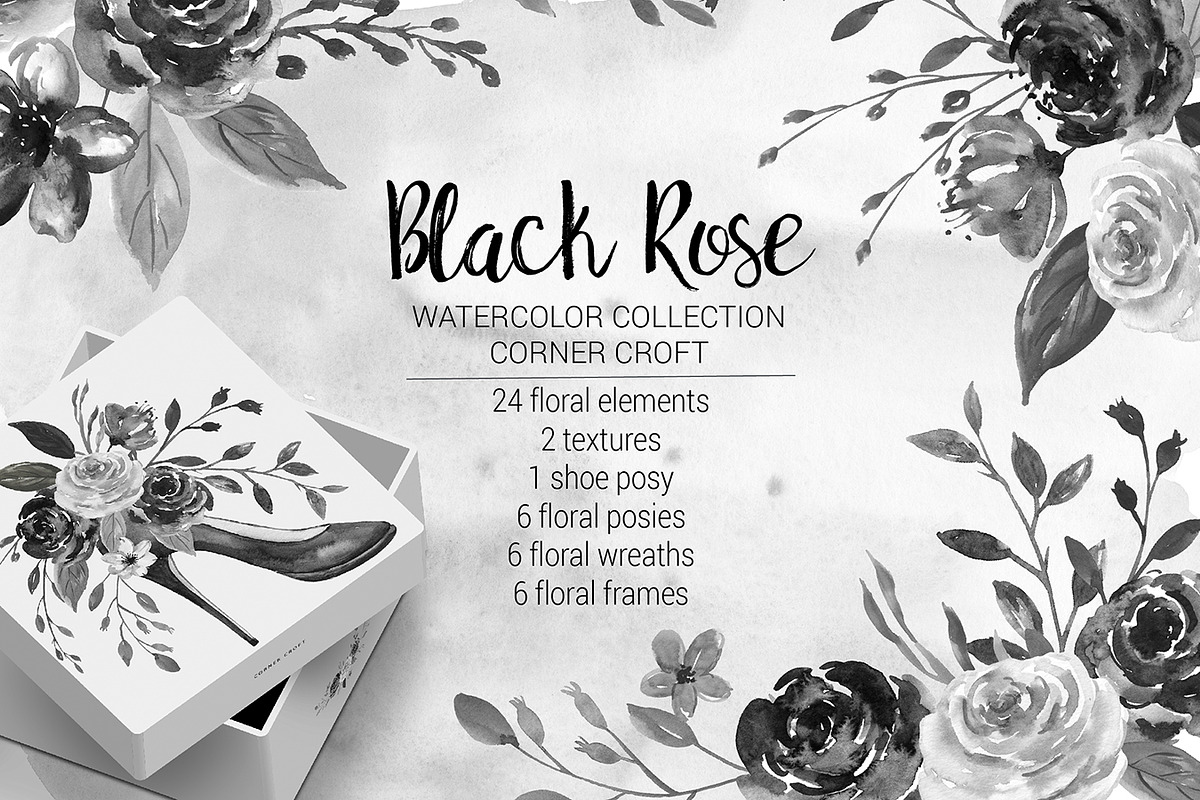 Watercolor Black Rose Collection in Illustrations - product preview 8