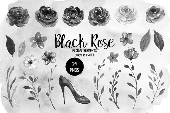 Watercolor Black Rose Collection in Illustrations - product preview 1