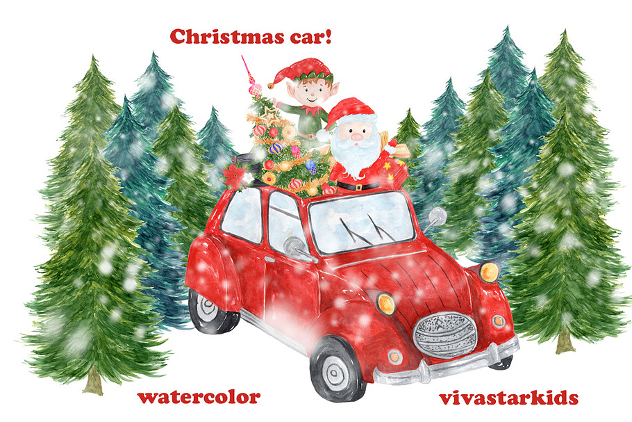 Watercolor Christmas Car in Illustrations - product preview 8