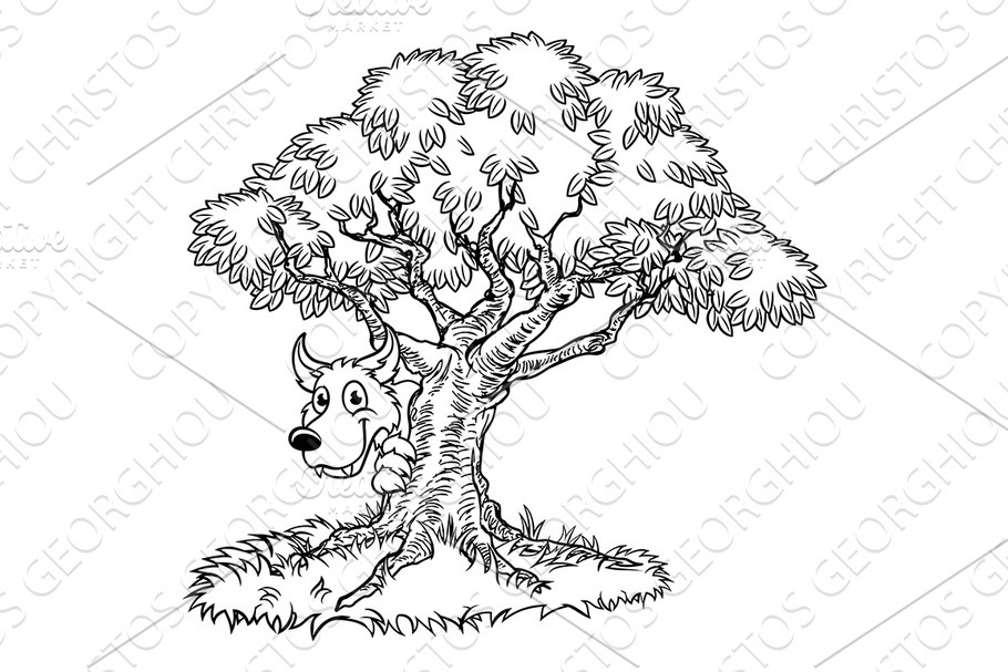 Fairytale Big Bad Wolf and Tree Cartoon  in Illustrations - product preview 8