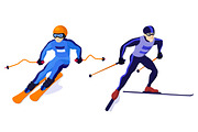 Cross country and alpine skiing boys isolated on white, vector skiing sportsmen