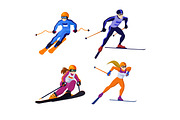 Cross country and alpine skiing girls and boys isolated on white, vector skiing sportsmen
