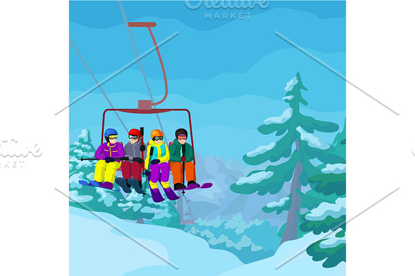 Ski lift with cartoon people in ski resort vector landskape with mountains, fir trees and snow and people on ski lift