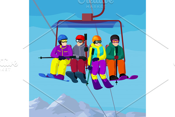 Ski lift with cartoon people in ski resort vector landskape with mountains and people on ski lift