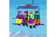 Ski lift with cartoon people in ski resort vector landskape with mountains and people on ski lift