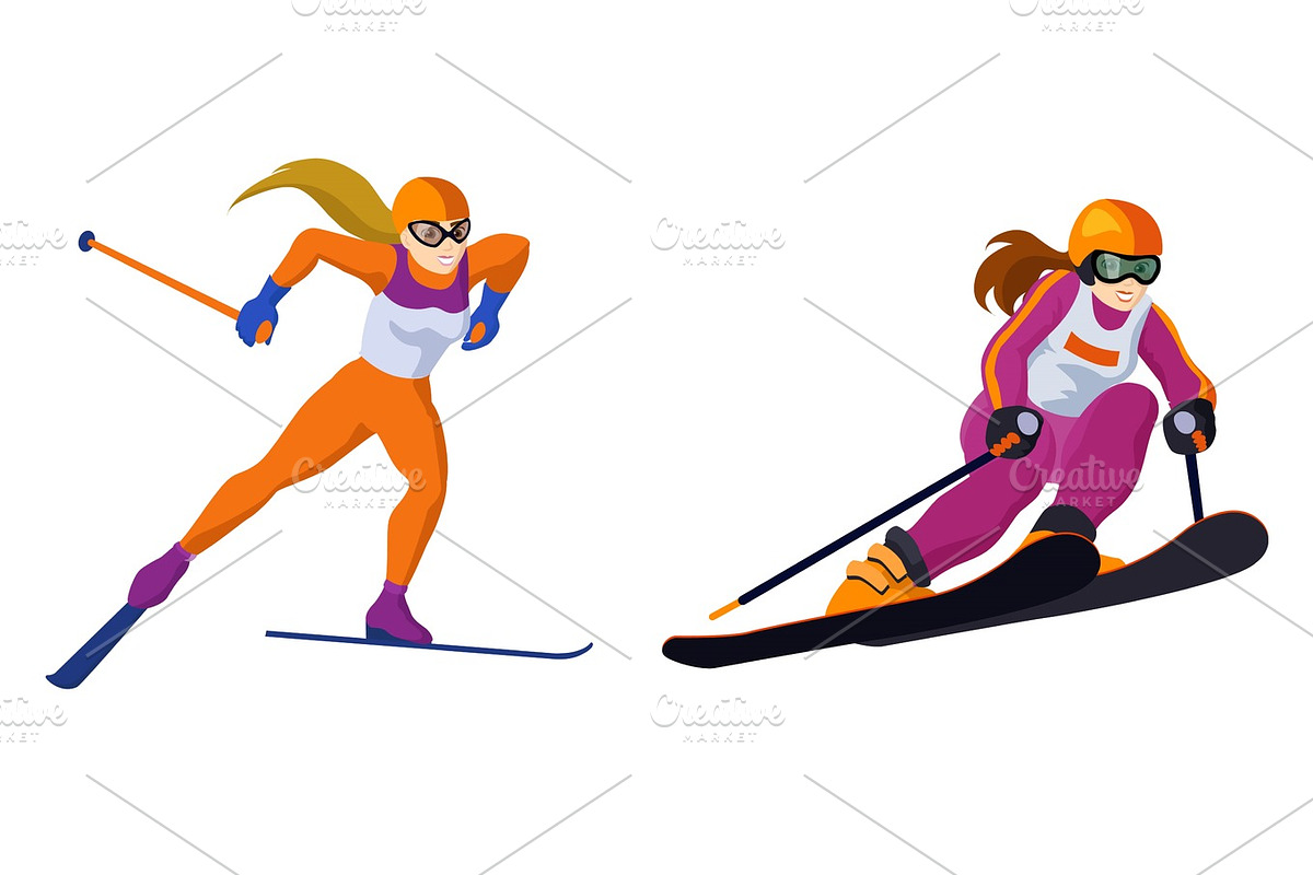 Cross country and alpine skiing girls isolated on white, vector skiing sportsmen in Illustrations - product preview 8