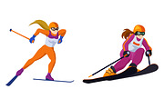 Cross country and alpine skiing girls isolated on white, vector skiing sportsmen