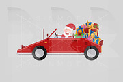 Santa driving a red car with many gi