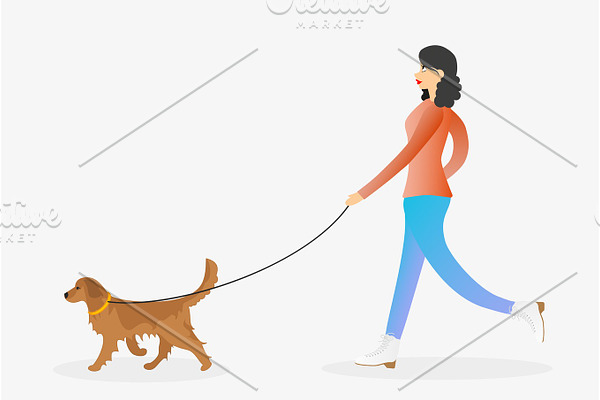Girl walking the dog on leash.