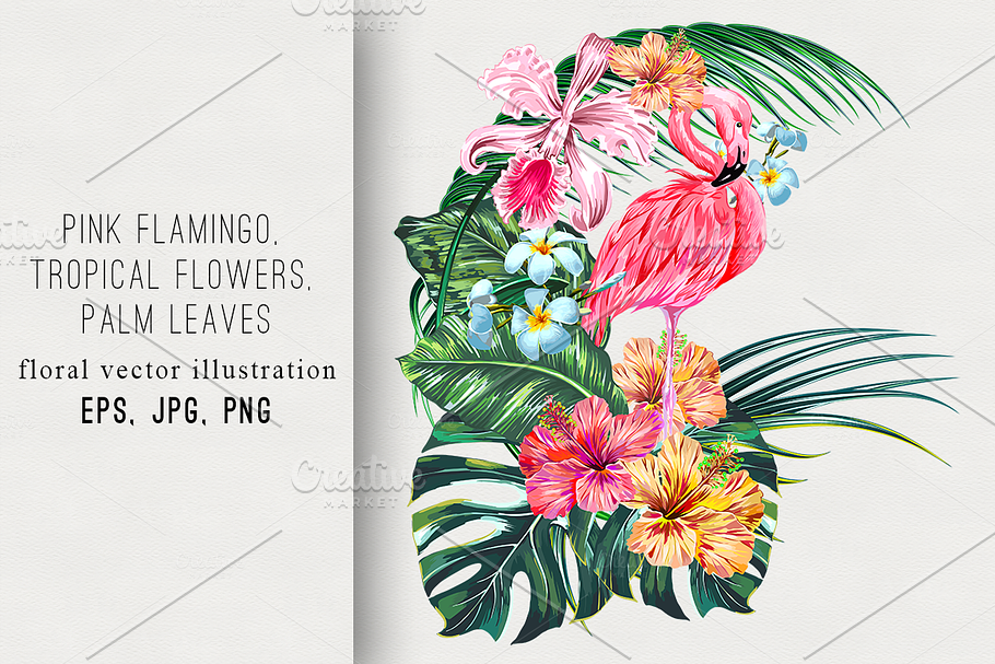 Flamingo,tropical flowers,leaves in Illustrations - product preview 8