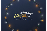 Glowing Christmas lights Wreath for Xmas Holiday greeting cards design