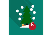 vector illustration of decorated Christmas tree with big bag of gifts
