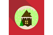 Cartoon Winter house. Vector image christmas houses covered with snow. In circle