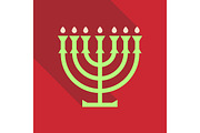 Menorah 9 candle candelabrum vector illustration. Holiday of Hanukkah element. Jewish symbol for celebration of Chanukah or Festival of Lights. Feast of Dedication lamp icon or festivity item.