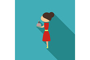 Vector illustration cartoon mother with present cake. Isolated white background. Flat design. The woman and cake on 8 march