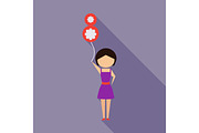 Vector illustration cartoon mother with present. Isolated white background. Flat design. The woman and 8 march Balloon. 8 march