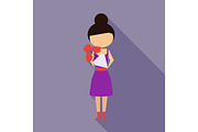 Vector illustration cartoon mother with present. Isolated white background. Flat design. The woman with flowers. 8 march