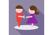 Man dressed in a suit gives a woman a bouquet of flowers and a gift. Vector illustration of a flat design