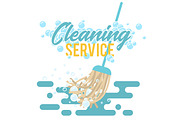 Cleaning service symbol, logo or label. Mop vector illustration with foam bubbles.