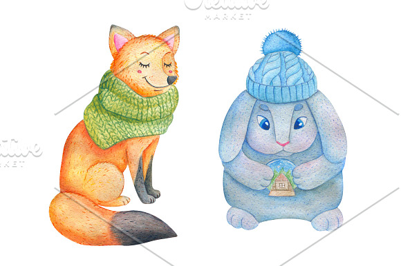 Watercolor Winter Animals + patterns in Illustrations - product preview 3