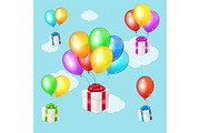 Balloons and Present Sky Background