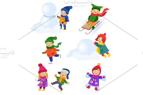 Set of kids, children enjoying winter activities
