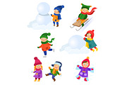 Set of kids, children enjoying winter activities