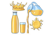 Splashing and pouring orange in bottle, glass, jug, vector illustration
