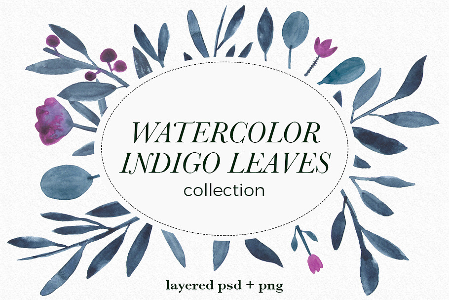 Indigo watercolor leaves