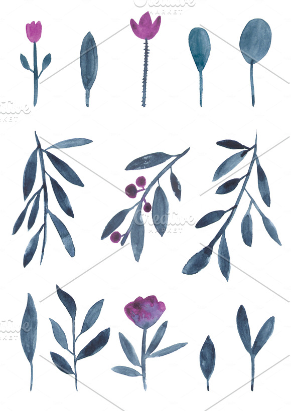 Indigo watercolor leaves in Illustrations - product preview 1