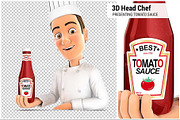 3D Head Chef Presenting Tomato Sauce