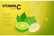 Vitamin C Lime soluble pills with lime flavour in water with sparkling fizzy bubbles trail. Ascorbic acid. Vitamineral complex package design with citrus yellow background.