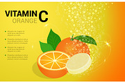 Vitamin C Orange soluble pills with orange flavour in water with sparkling fizzy bubbles trail. Ascorbic acid. Vitamineral complex package design with citrus yellow background. Treatment cold flu.
