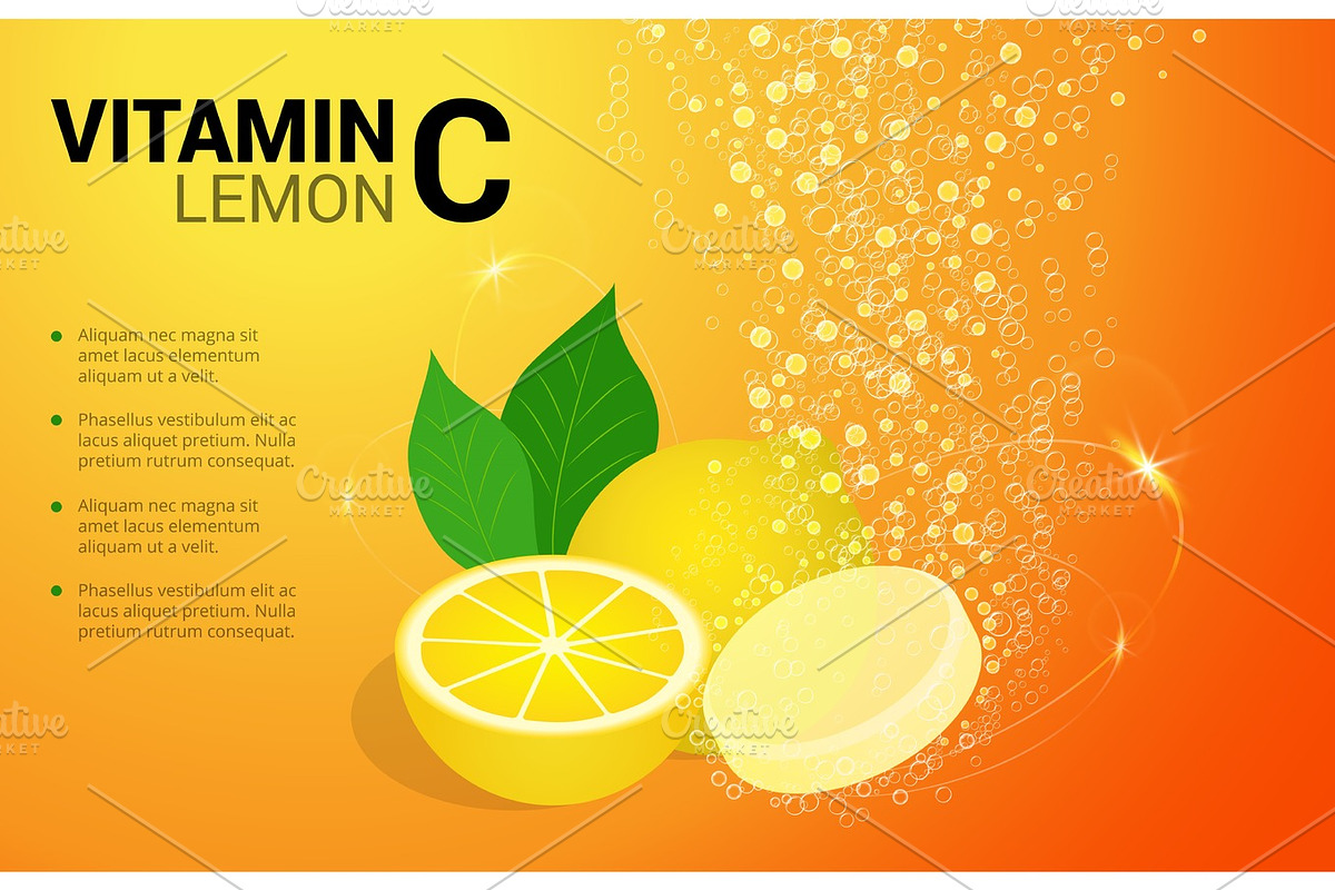 Vitamin C Lemon soluble pills with Lemon flavour in water with sparkling fizzy bubbles trail. Ascorbic acid. Vitamineral complex package design with citrus yellow background. Treatment cold flu. in Textures - product preview 8